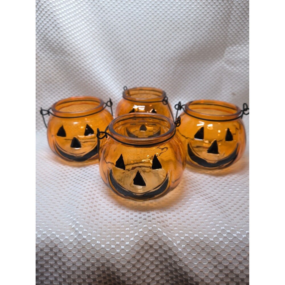 Lot of 4 Greenbrier Glass Pumpkin Jack O Lantern Candle Holders Halloween Decor